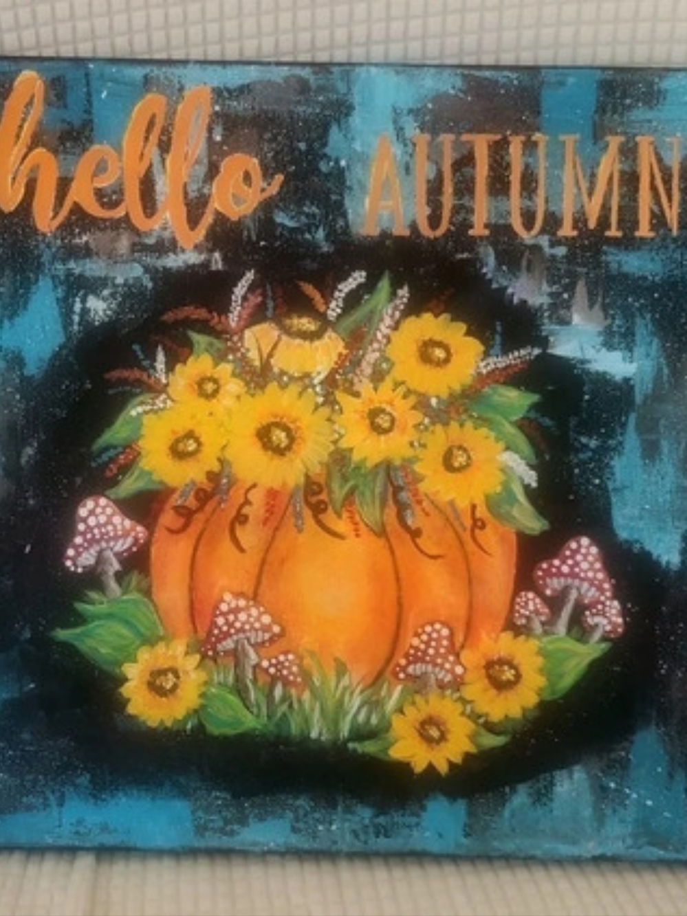 Hello Autumn Pumpkin Holiday Decor Sign Blue & Orange
